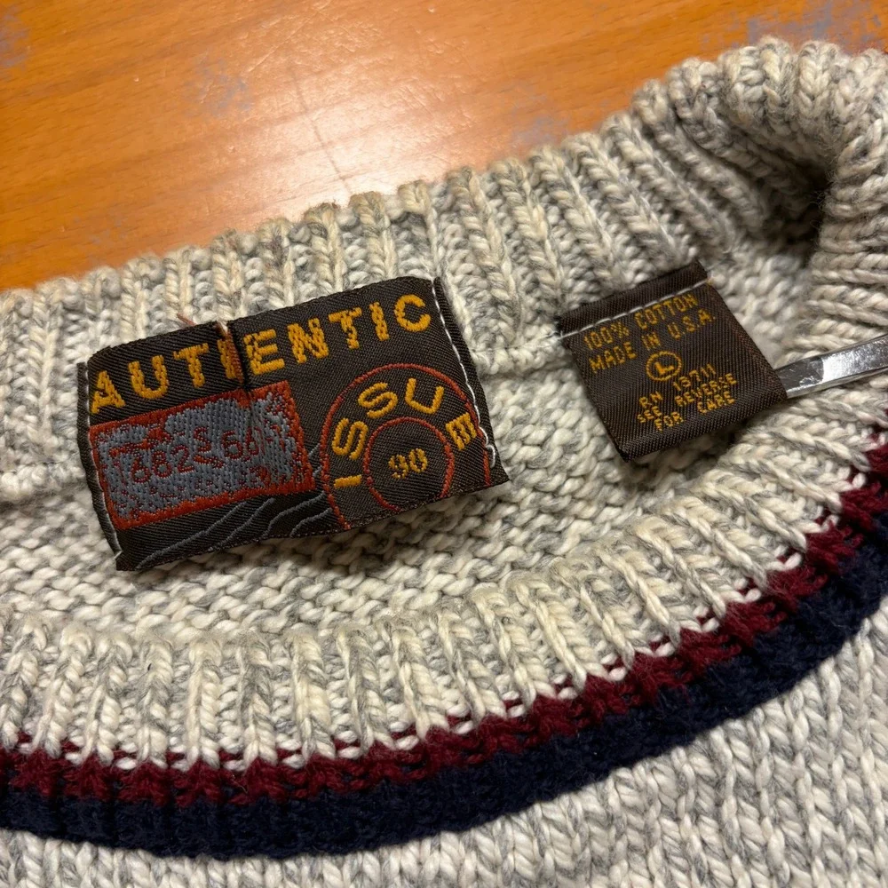 VTG 80s 90s Cotton Authentic Knitwear Mens L Nordic Fair Isle‎ Sweater Made USA - Picture 5 of 9